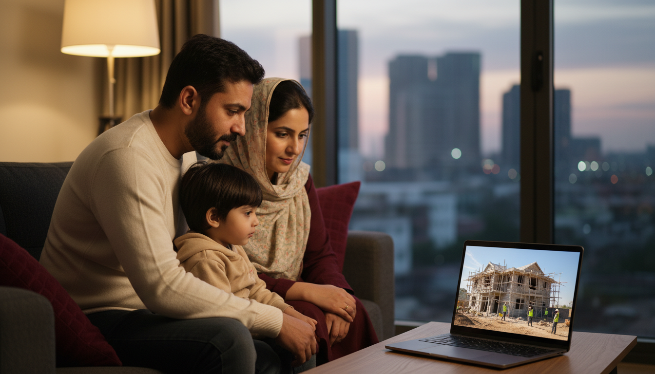 A Pakistani family abroad watching their home being built in Pakistan on a laptop
