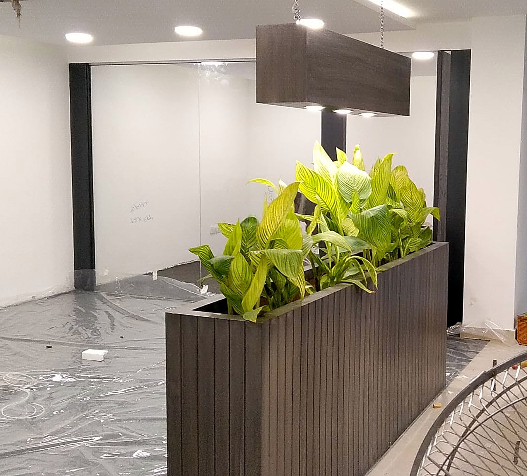 Timber-clad planter and suspended light