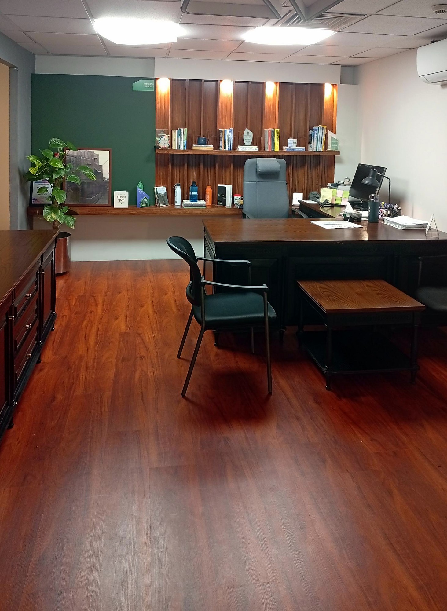 Director's office with timber feature wall