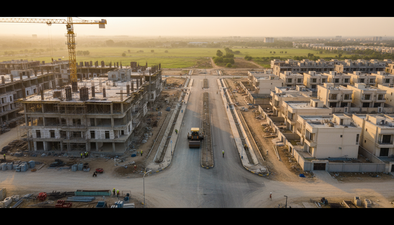 A development site showing a commercial building, road construction and homes being built at the same time