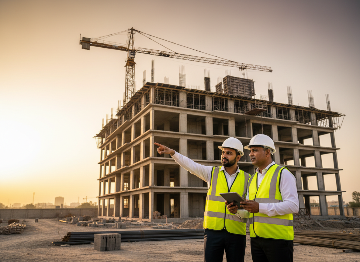Tekton Engineering construction team reviewing drawings on site in front of a concrete building under construction